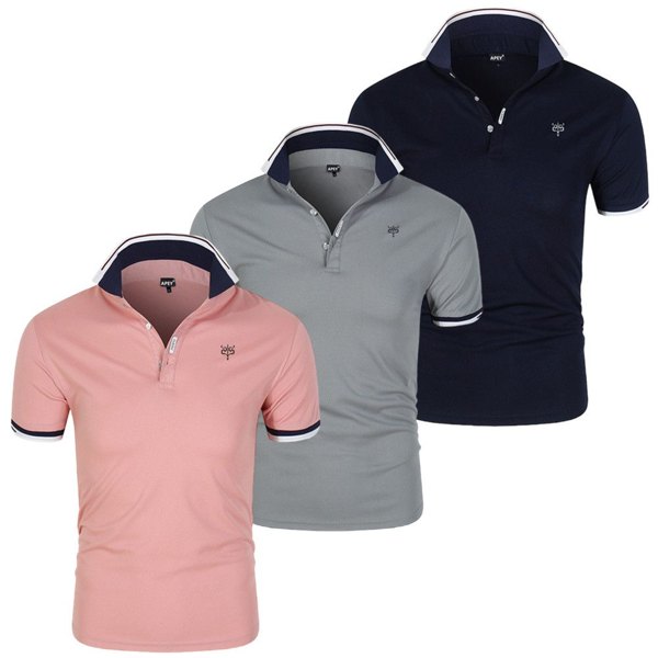 3 x Plain Golf Shirts For Men & Women - APEY Polo Shirts T Shirts For Men - Flamingo Pink + Ash Grey + Pacific Navy