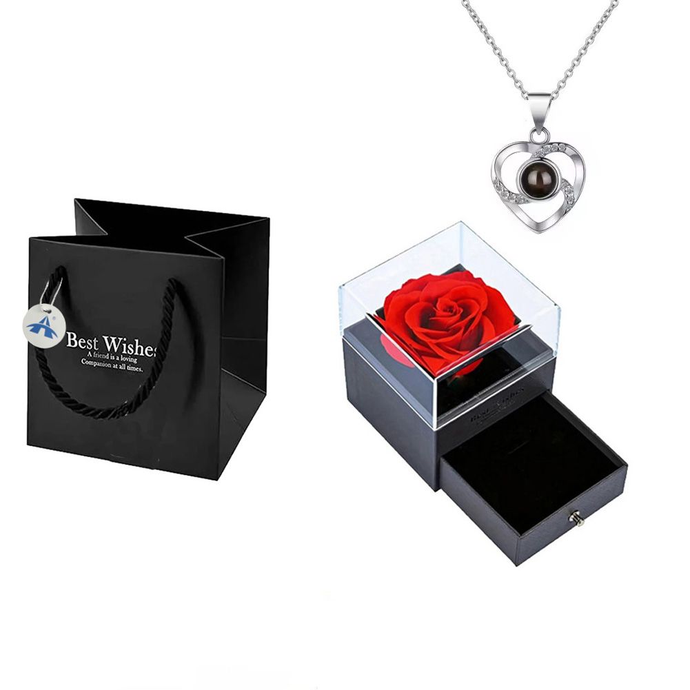 ALANES Preserved Rose Gifts Box Set with Love Heart Necklace - Silver