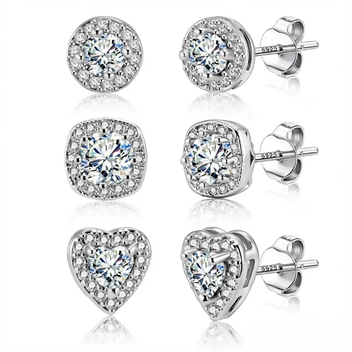 Bltunoed Sterling Silver Stud Earrings Set for Women, Cubic Zirconia, Halo - Silver