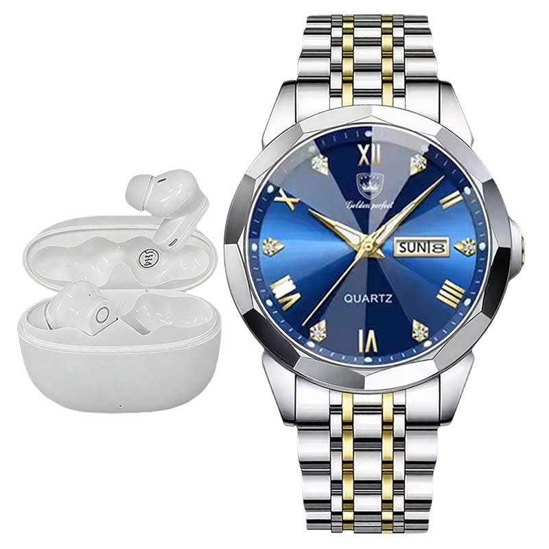 Golden Perfect Men's Blue-Gold Quartz Watch & Earbuds Gift Set