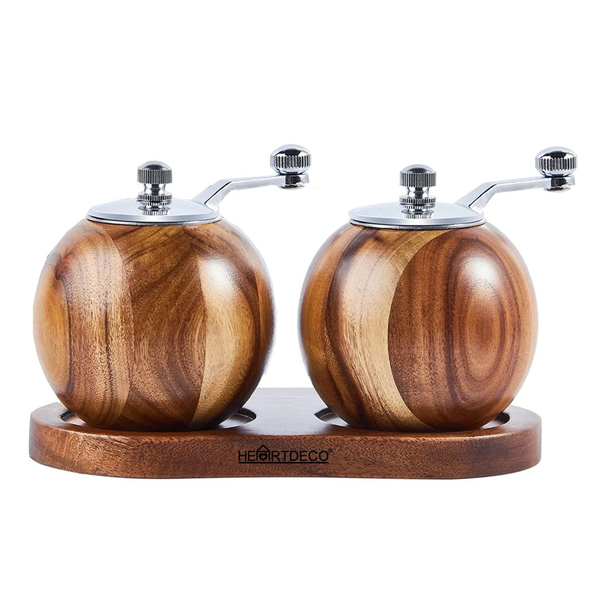 Heartdeco Round Wooden Salt & Pepper Grinder Set with Wooden Tray for Braai