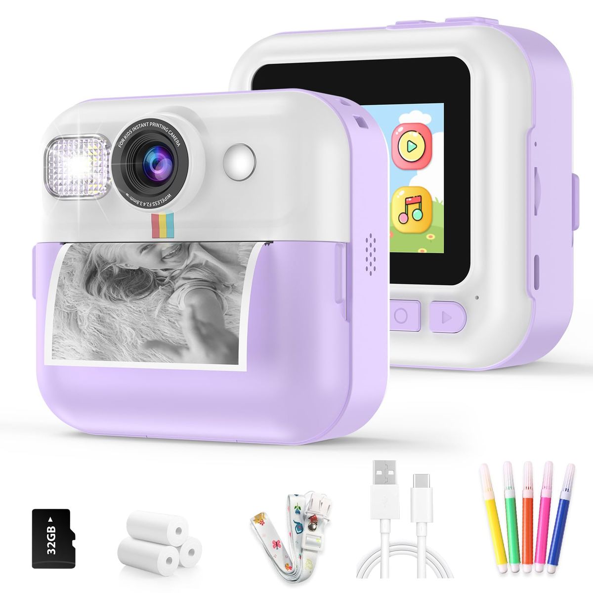 Kids Instant Print Camera, 1080PChildren Printable Cameras Christmas Gifts - Purple