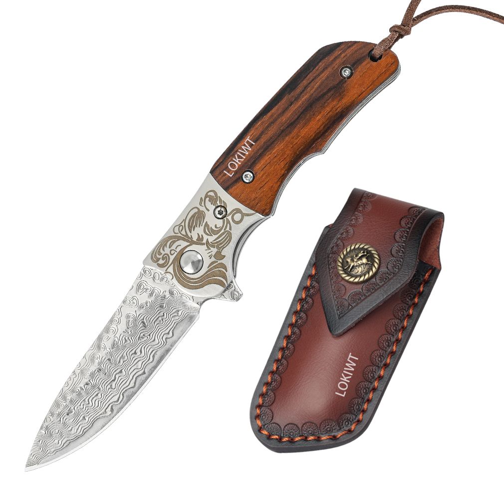 LOKIWT Damascus Steel Folding Pocket Knife with Clip for Outdoor Camping