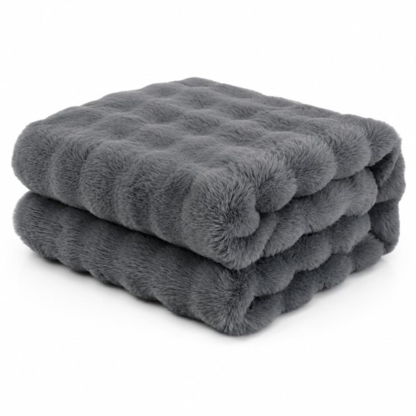 Luxury Faux Rabbit Fur Throw Blanket Grey Single & Double Sizes