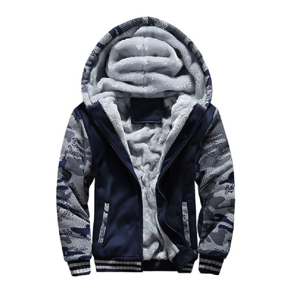 Men's Fleece-Lined Hooded Winter Jacket - Navy Blue