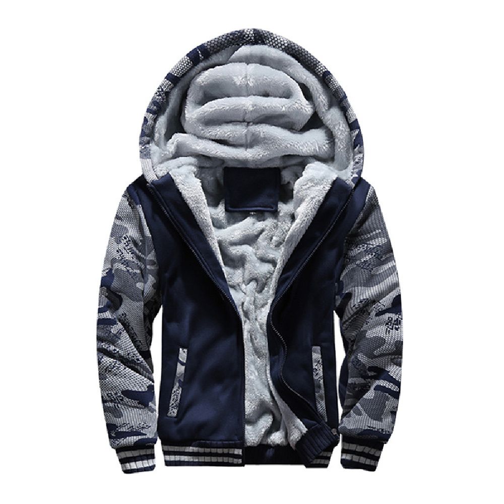 Men's Fleece-Lined Hooded Winter Jacket - Navy Blue