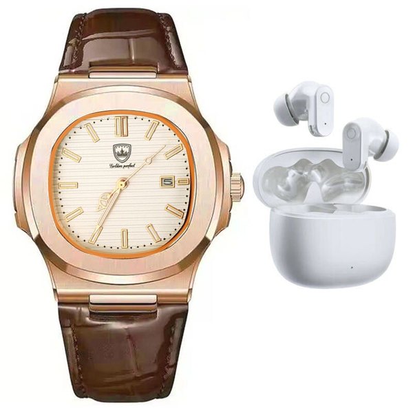 Men's Rose Gold Leather Watch & Bluetooth Earbuds Set - Gift-Ready