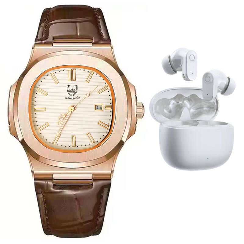 Men's Rose Gold Leather Watch & Bluetooth Earbuds Set - Gift-Ready