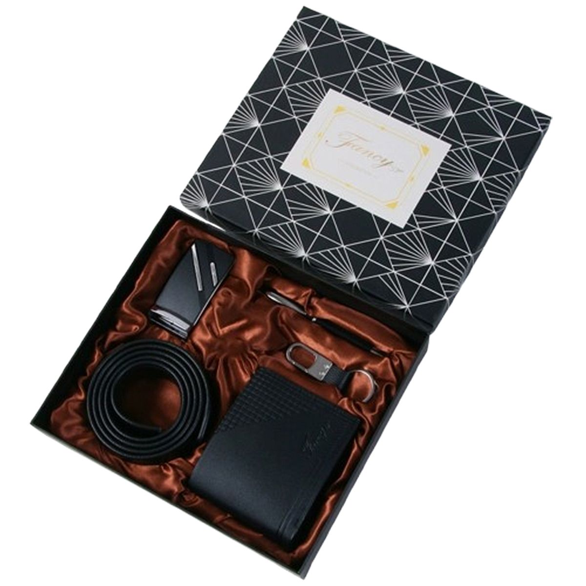 Leather Wallet, Belt, Keychain & Pen Gift Set - Black