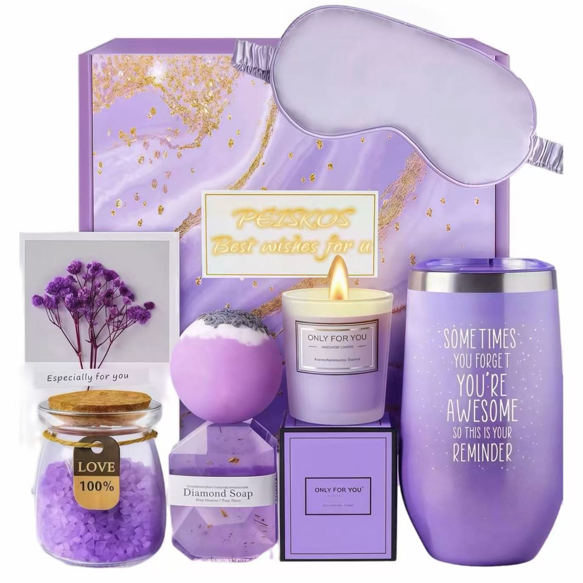 PEISKOS Luxury Spa Gift Basket Set with Bath Essentials, Gifts for Women - Lavender