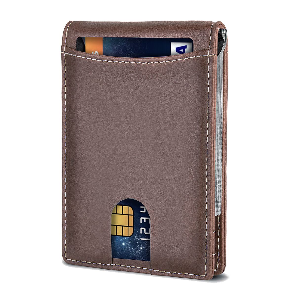 QYNIAL Men's RFID Blocking Slim Leather Wallet with Money Clip - Brown