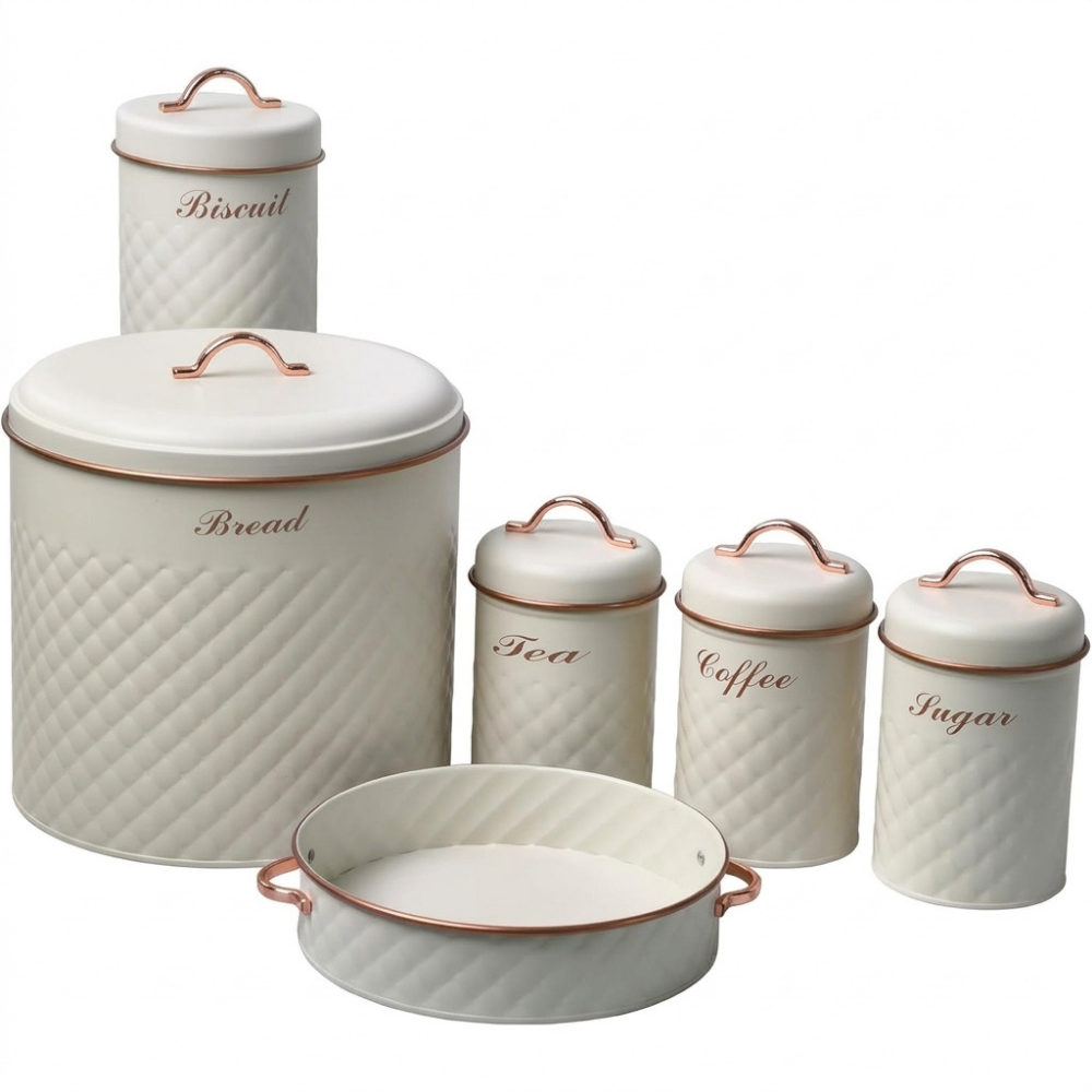 Royal Homeware Pellé 6PC Leather Pattern Bread Bin & Kitchen Storage Set - Cream & Rose Gold