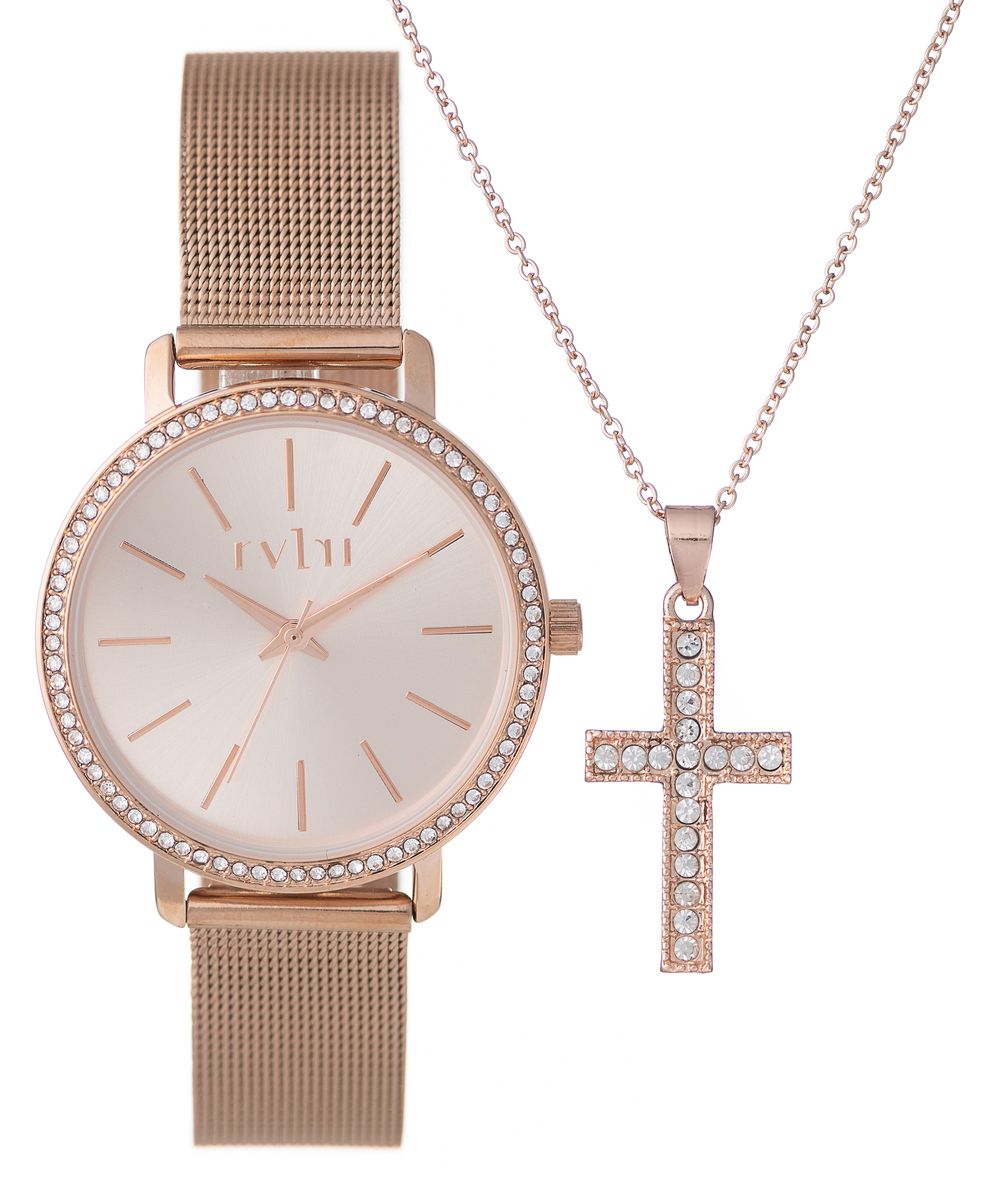 RVLRI Ladies watch set, Rosegold Mesh, Rosegold Necklace with Cross Pendant