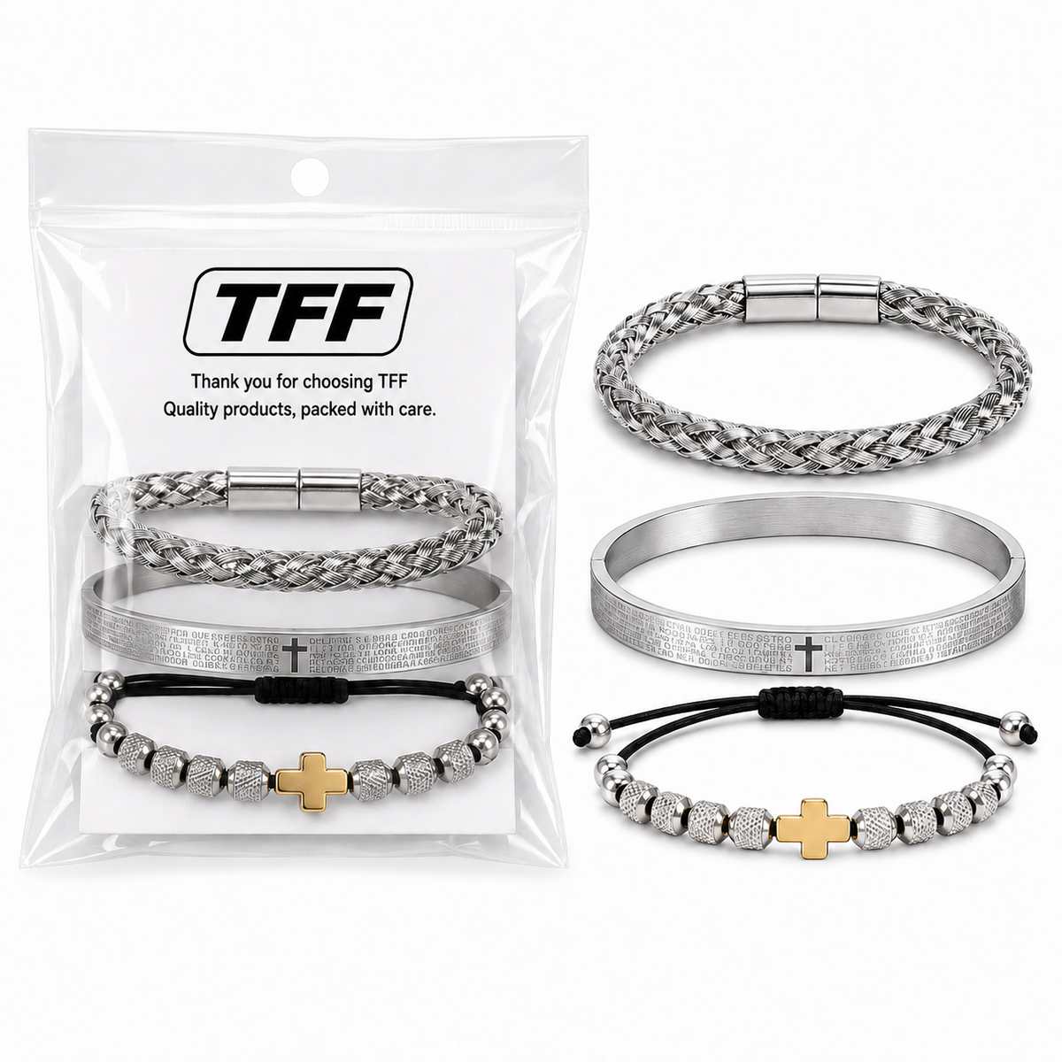 TFF 3-Piece Men's Silver Stainless Steel Bracelet Set with Gold Cross