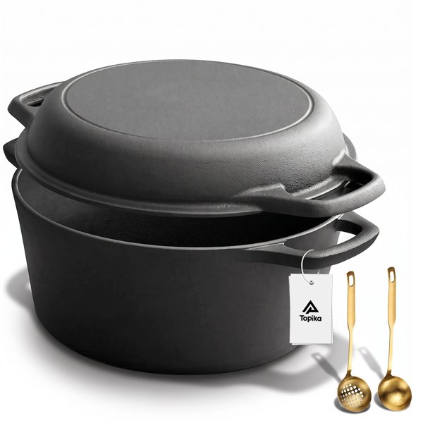 Topika 4.7L Enamel Cast Iron Dutch Oven, 2-in-1 Design with Frying Pan Lid