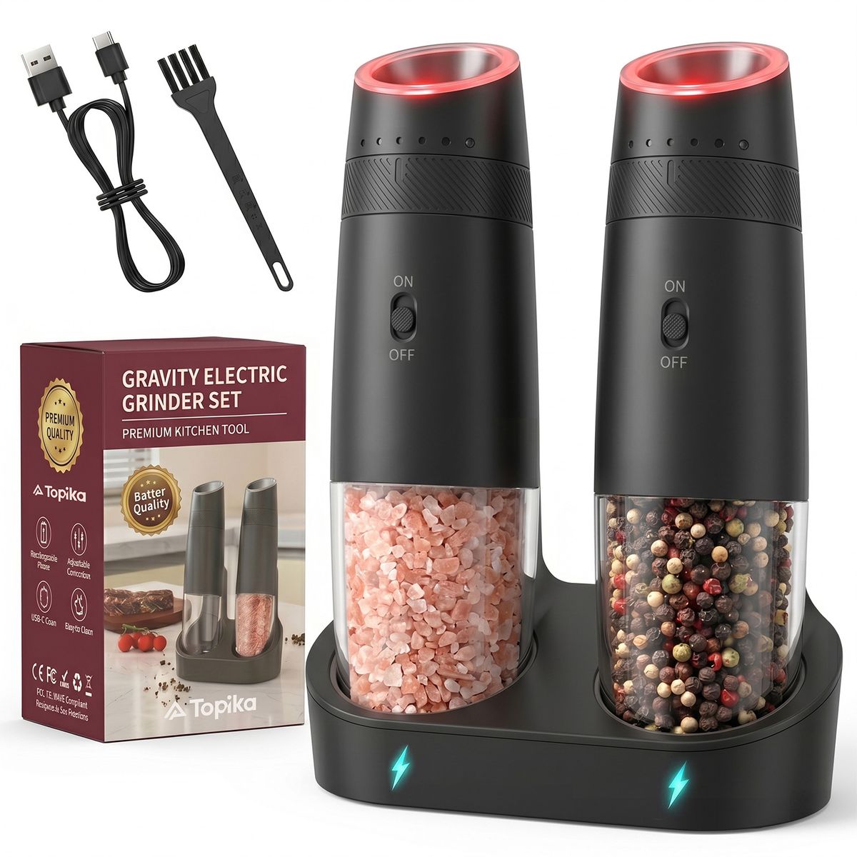 Topika-Electric Salt And Pepper Grinder Set,Rechargeable - 2 Gravity Mills