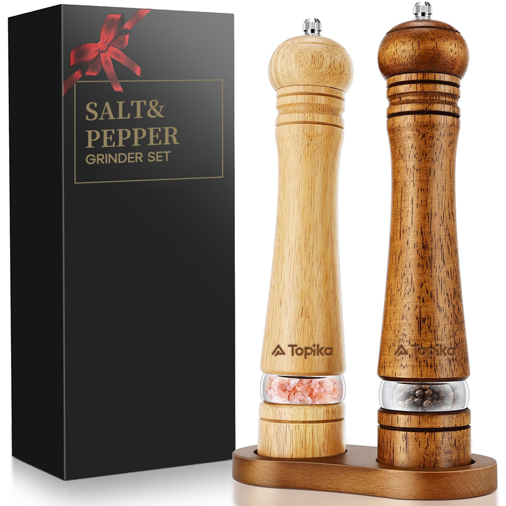 Topika Wooden Salt and Pepper Grinder Set with Tray, 8/10 Inch, 2 per set - Wooden: 10inch-25.4cm