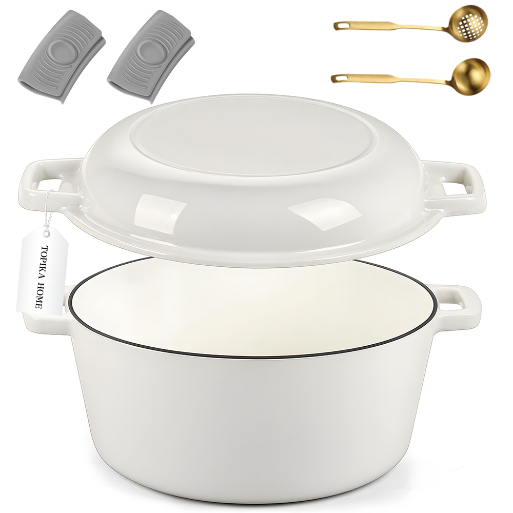 TopikaHome -Cast Iron Dutch Oven Pot Set with Skillet Lid, for Bread Baking - White