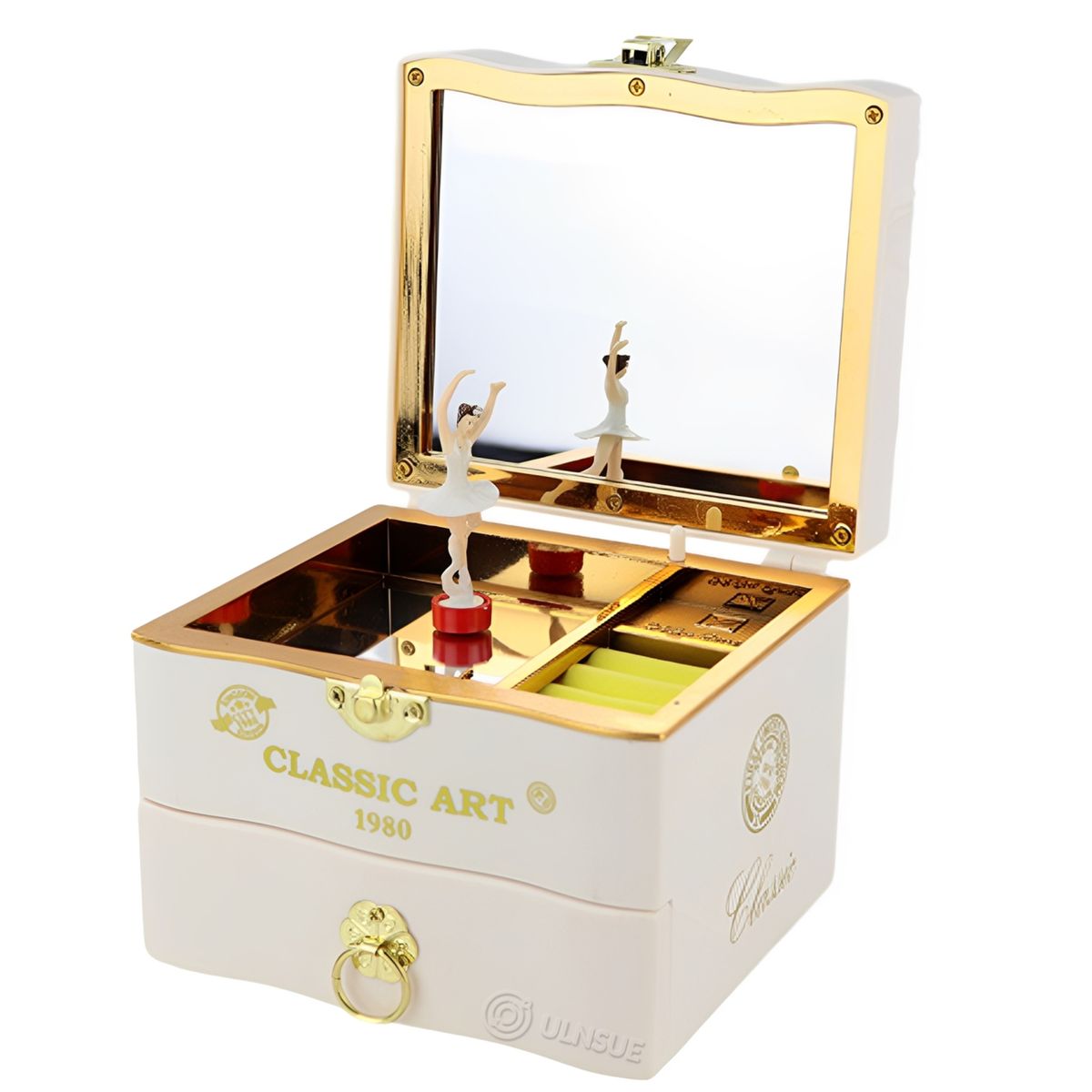 ULNSUE Music Box Jewelry Organizer Double Layer Music Box with Ballerina - White