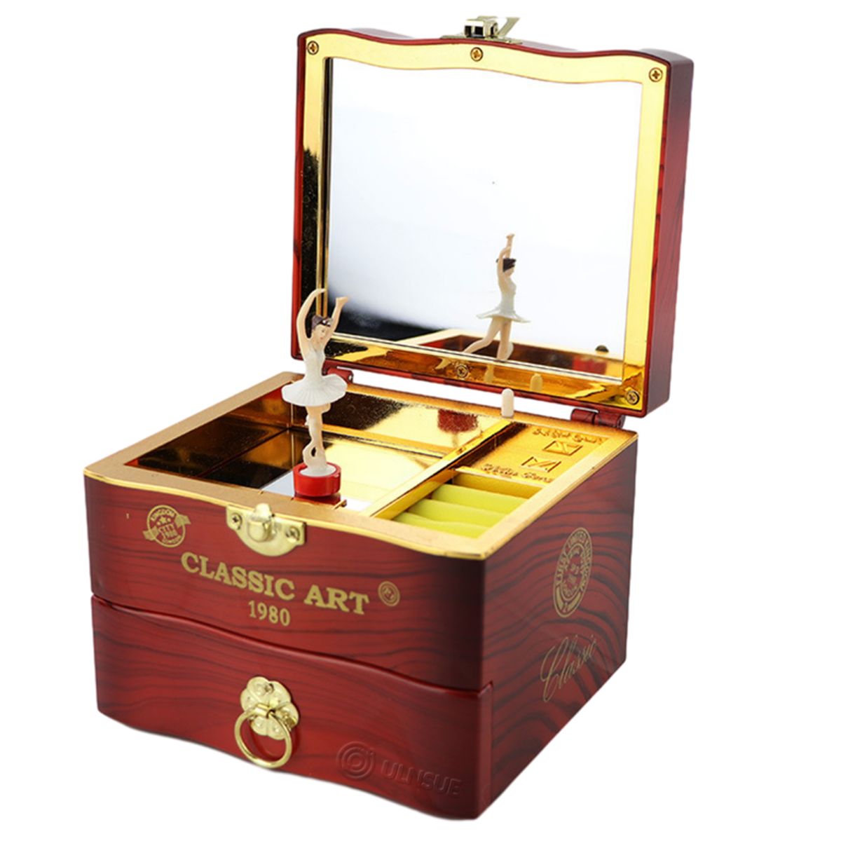 ULNSUE Music Box Jewelry Organizer Double Layer Music Box with Ballerina - Red