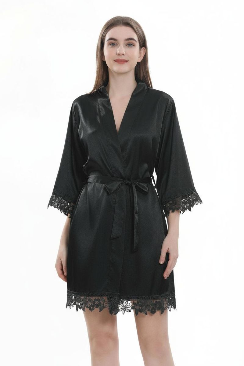 Women's Satin Kimono Robe with Lace Trim Bridal Party Sleepwear Bathrobe - Black
