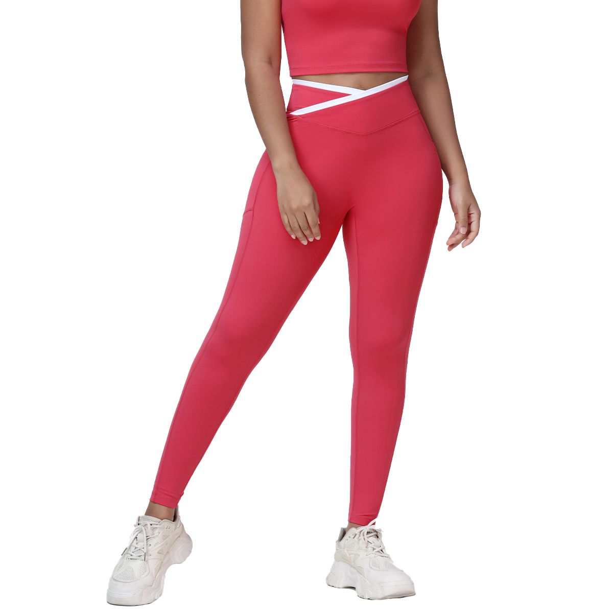 Women's V-Shaped High Waist Leggings, Yoga Pants with Side Pockets - Cranberry Red